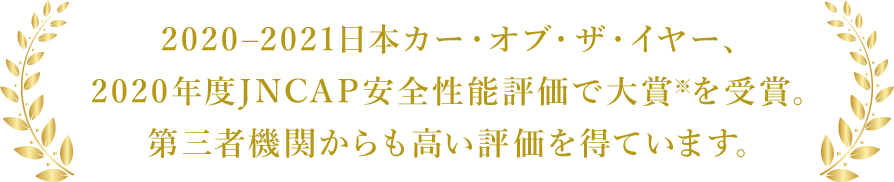 2020–2021日本カー・オブ・ザ・イヤー、 2020年度JNCAP安全性能評価で大賞※を受賞。 第三者機関からも高い評価を得ています。